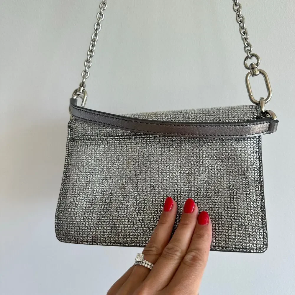 FURLA 1927 Glitter Embellished Chain Strap Mini Crossbody Bag Silver